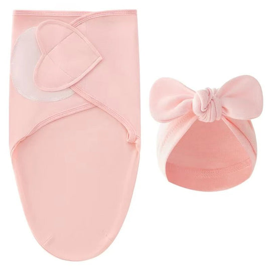 Couverture d’emmaillotage rose poudré 100 % coton avec bonnet nœud pour nouveau-né.