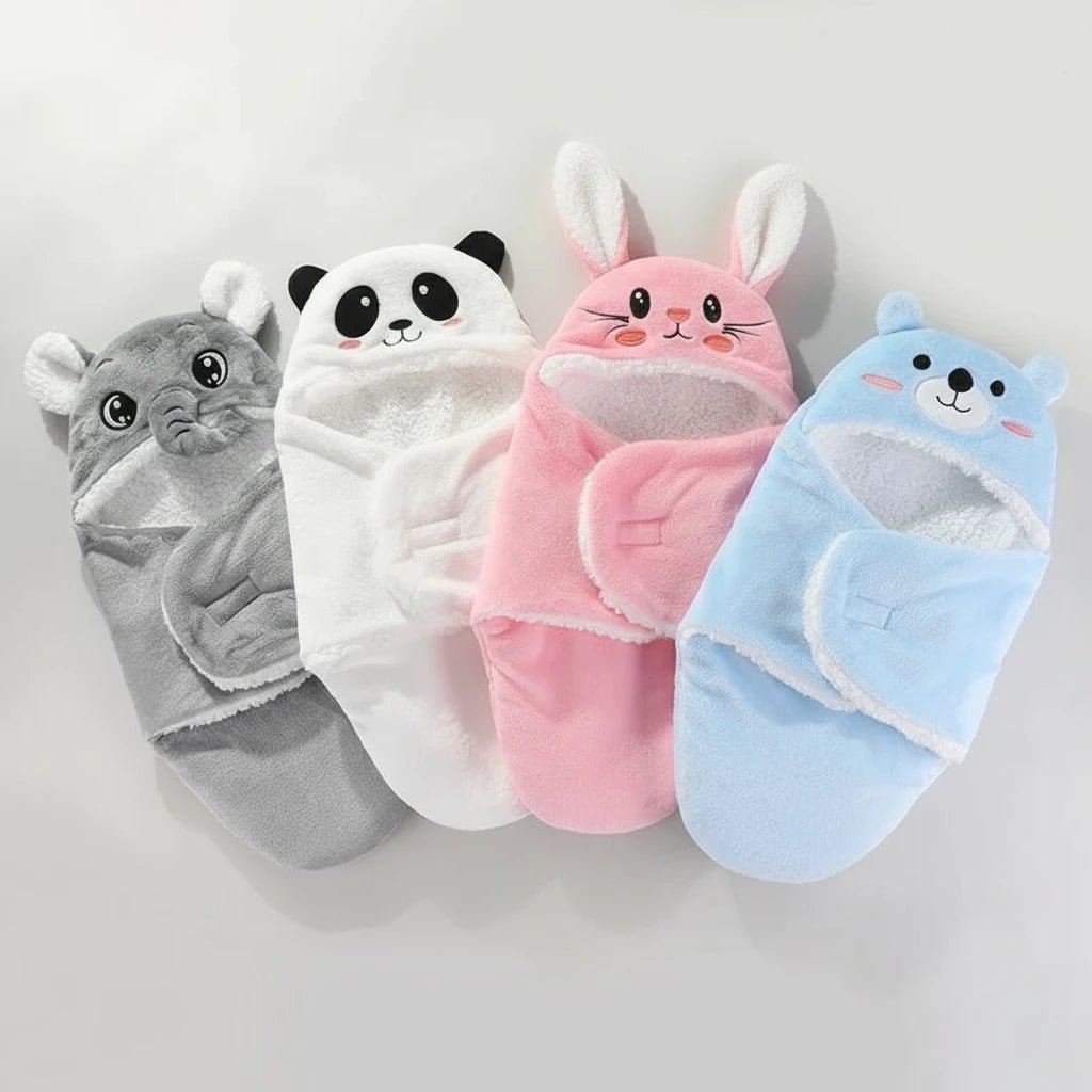 Couvertures d’emmaillotage pour bébé Kalinatur en forme d’animaux mignons — éléphant gris, panda blanc, lapin rose et ours bleu — en matière polaire douce, chaude et respirante, idéale pour l’hiver.
