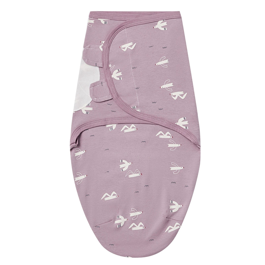 Gigoteuse mauve pour bébé avec petits motifs d’oiseaux blancs, modèle Kalinatur.
