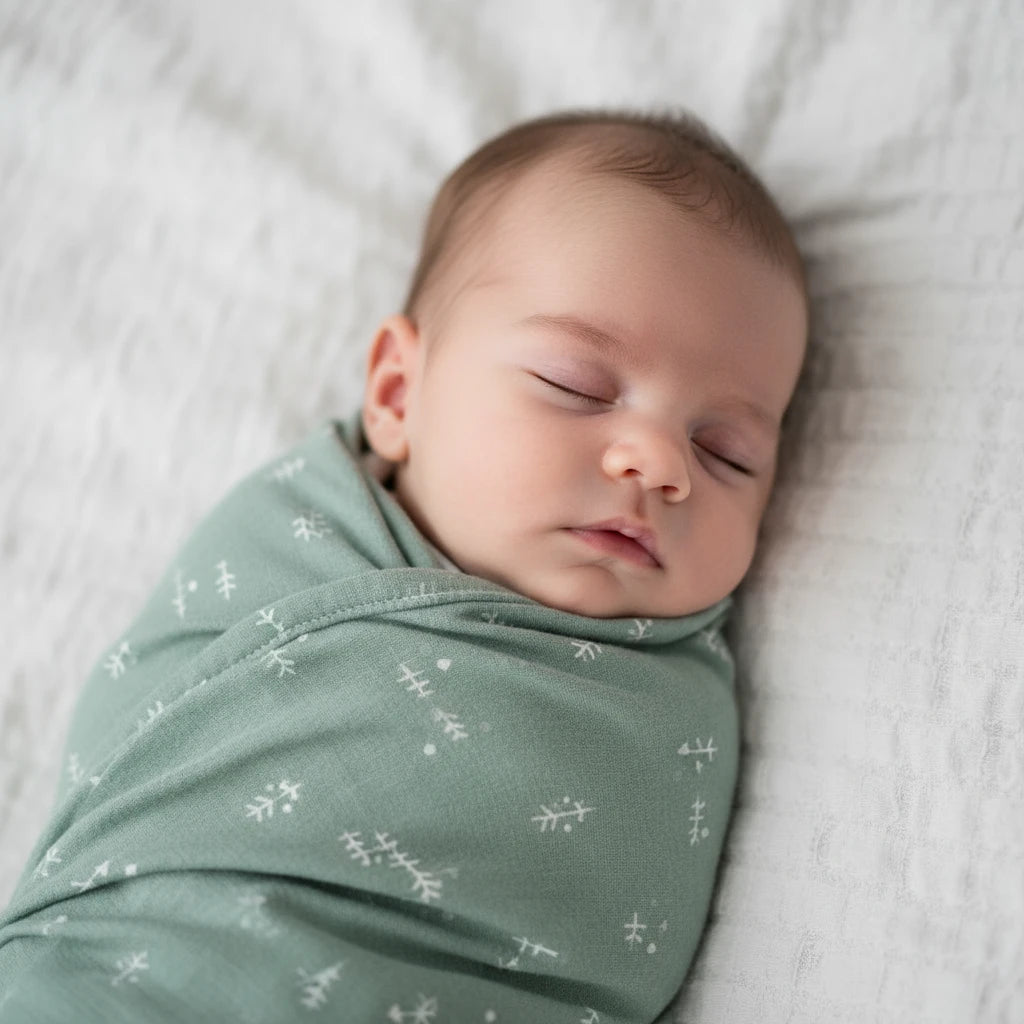Bébé endormi emmailloté dans une gigoteuse verte Kalinatur, motif branches blanches, posé sur un drap doux.