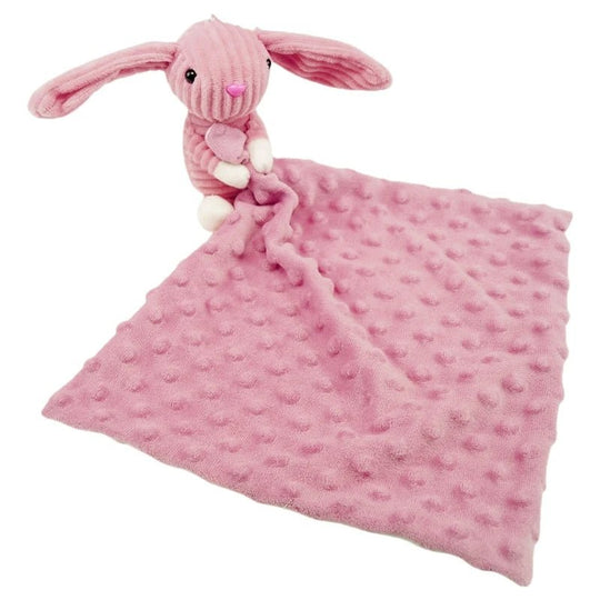 Doudou lapin rose en tissu côtelé avec couverture douceur