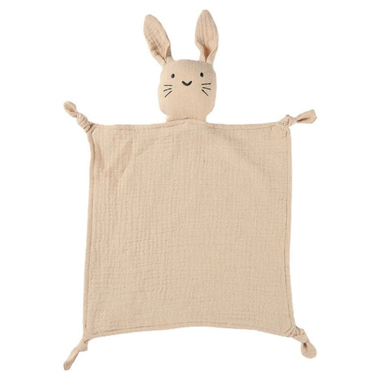 Doudou lapin en mousseline beige avec broderie visage
