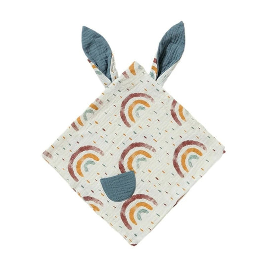 Doudou carré en mousseline motif arc-en-ciel avec oreilles bleues – Kalinatur