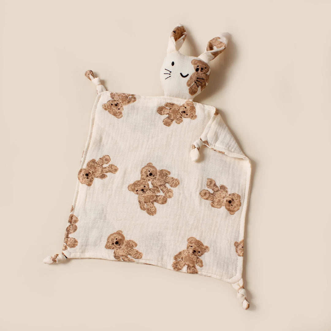 Doudou lapin en mousseline motif ours marron pour bébé – Kalinatur