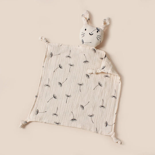 Doudou lapin en mousseline motif pissenlits noirs – Kalinatur