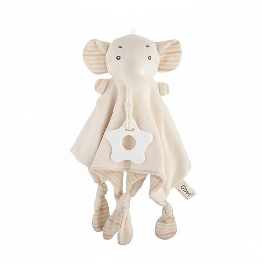 Doudou éléphant beige ultra-doux pour bébé avec anneau apaisant – Kalinatur