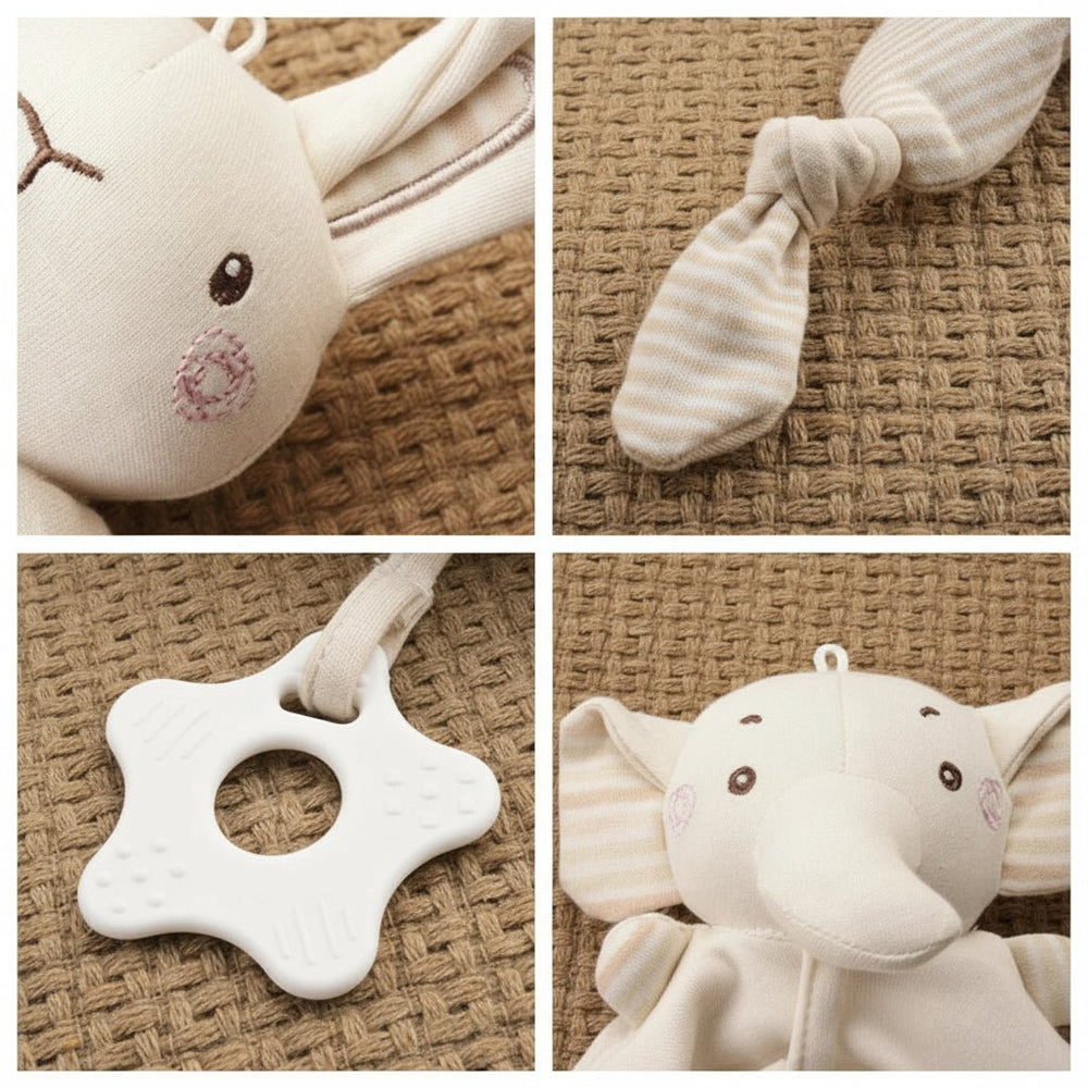 Détails du doudou bébé Kalinatur : tête, nœuds, anneau apaisant et tissu doux