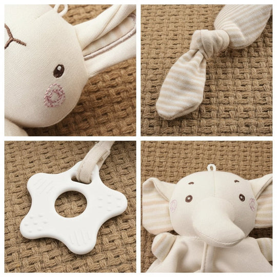 Détails du doudou bébé Kalinatur : tête, nœuds, anneau apaisant et tissu doux