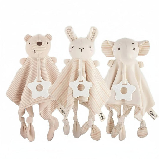 Doudous bébé ours, lapin et éléphant en tissu beige ultra-doux – Kalinatur