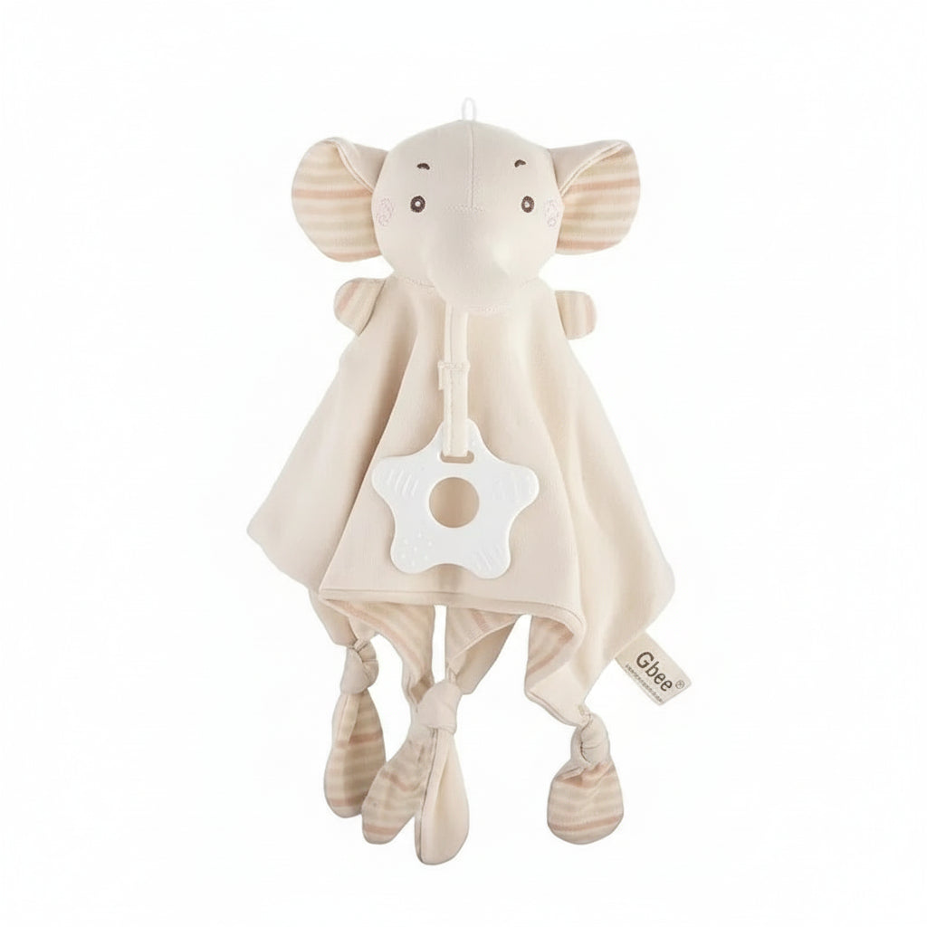 Doudou éléphant beige ultra-doux pour bébé avec anneau apaisant – Kalinatur