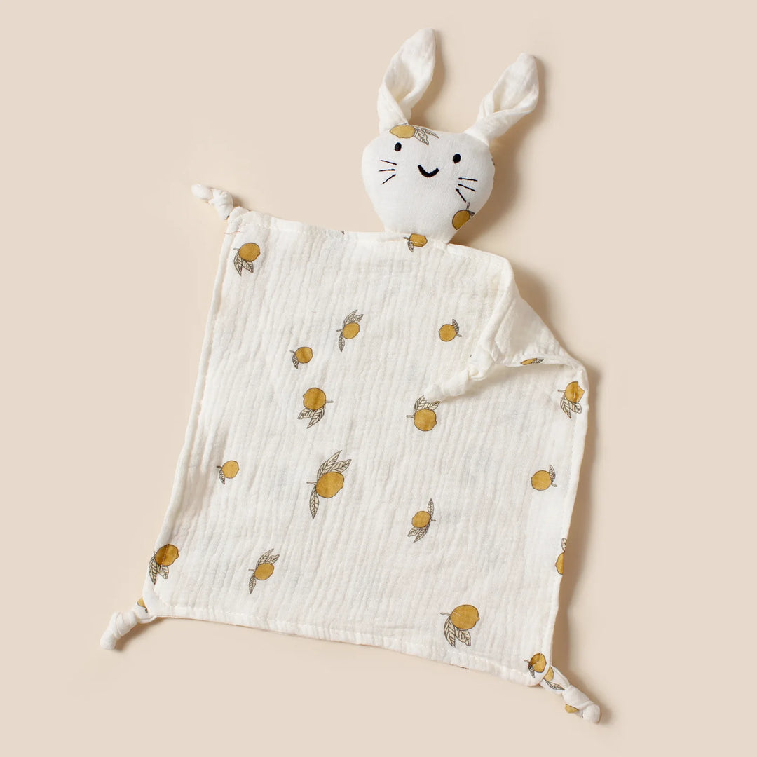 Doudou lapin en mousseline motif citrons jaunes – Kalinatur