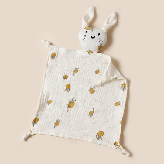 Doudou lapin en mousseline motif citrons jaunes – Kalinatur