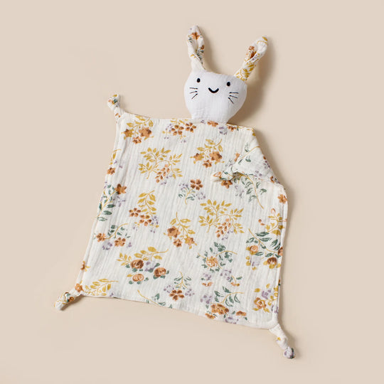 Doudou lapin en mousseline motif fleurs beige clair – Kalinatur