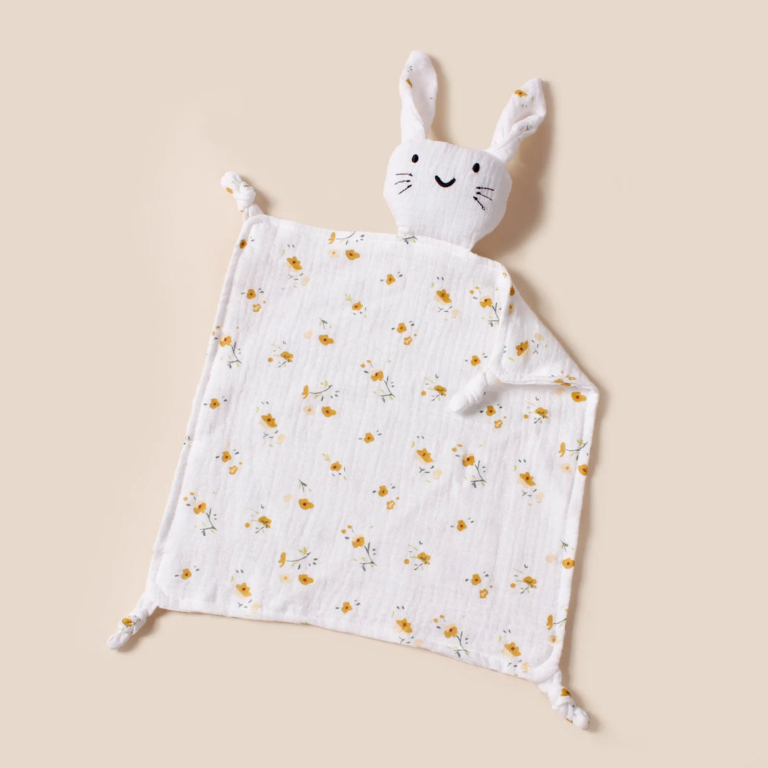 Doudou lapin en mousseline blanche à fleurs jaunes pour bébé – Kalinatur