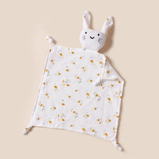 Doudou lapin en mousseline blanche à fleurs jaunes pour bébé – Kalinatur