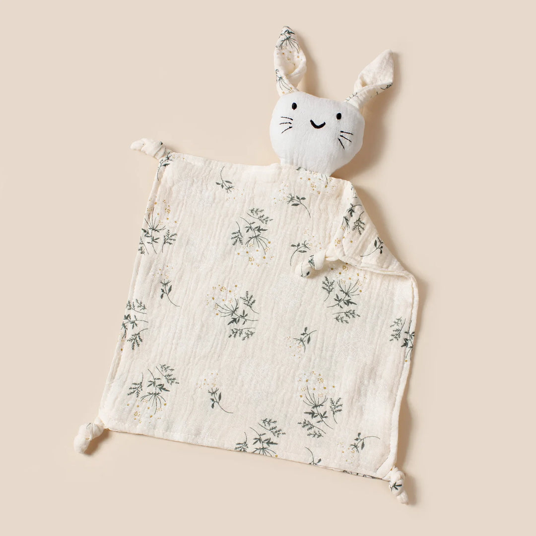 Doudou lapin en mousseline motif fleurs fines vertes – Kalinatur