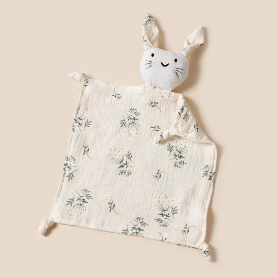 Doudou lapin en mousseline motif fleurs fines vertes – Kalinatur