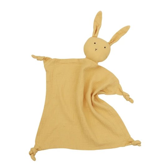 Doudou lapin en mousseline couleur jaune moutarde pour bébé