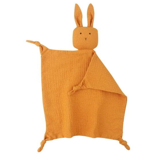 Doudou lapin en mousseline couleur moutarde pour bébé – Kalinatur