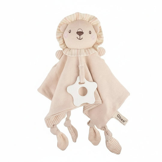 Doudou lion beige ultra-doux pour bébé avec anneau apaisant – Kalinatur