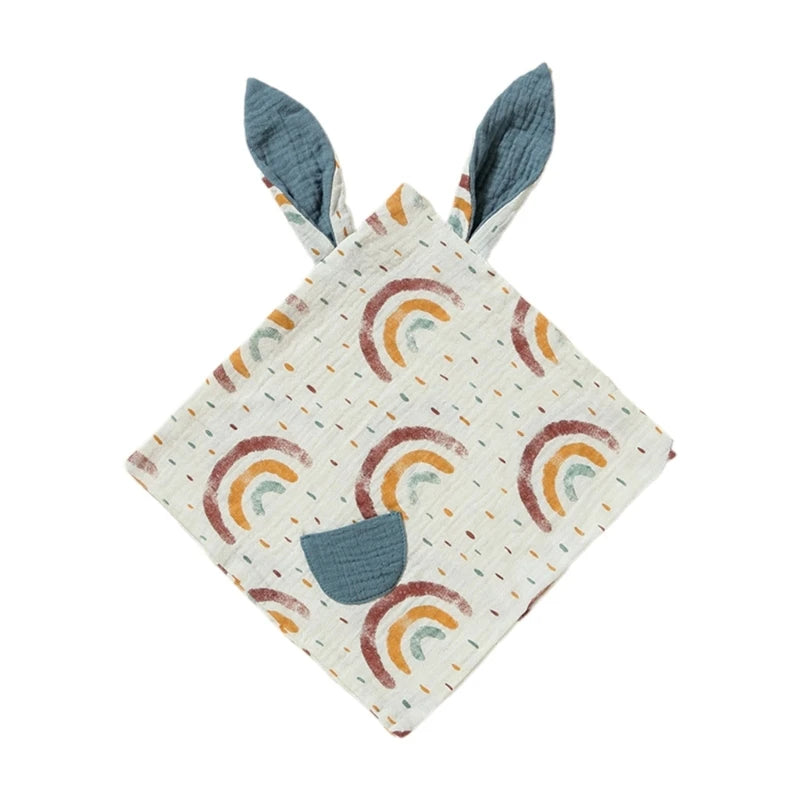 Doudou carré en mousseline motif arc-en-ciel avec oreilles bleues – Kalinatur