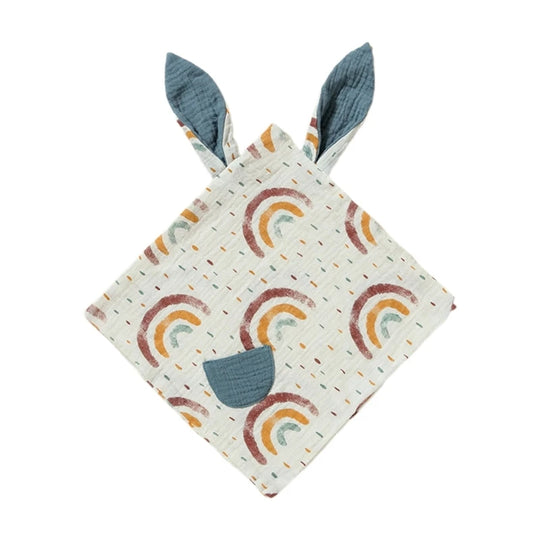 Doudou carré en mousseline motif arc-en-ciel avec oreilles bleues – Kalinatur