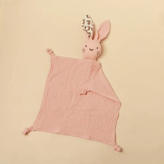 Doudou lapin rose pâle en mousseline avec oreille imprimée léopard