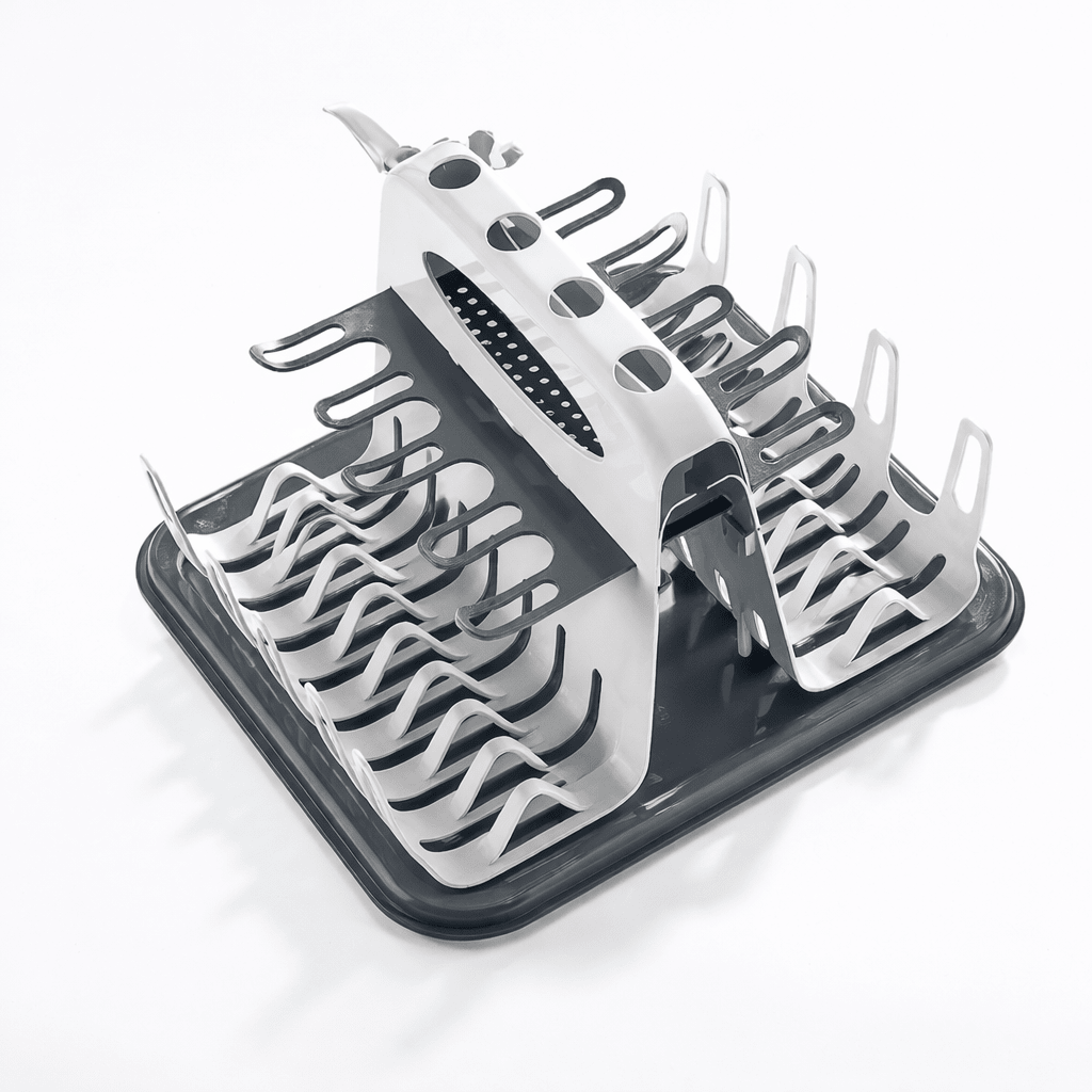 Égouttoir à biberon gris et blanc avec support de séchage pour biberons et accessoires bébé, design compact et pratique