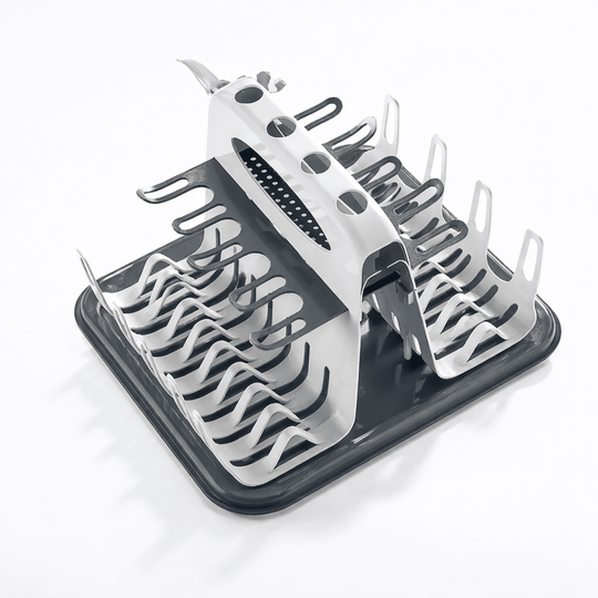 Égouttoir à biberon gris et blanc avec support de séchage pour biberons et accessoires bébé, design compact et pratique