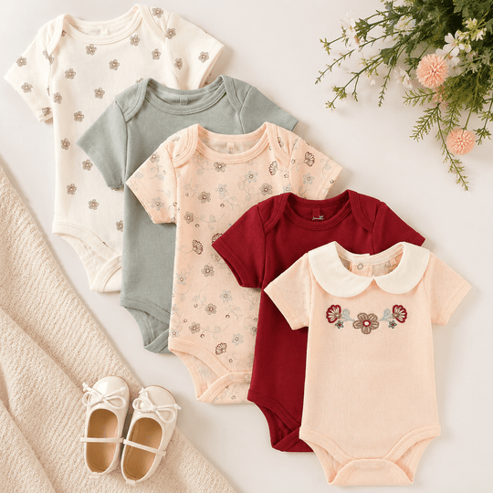Lot de 5 Bodies Bébé Fille Gris Perle et Rose Tendre