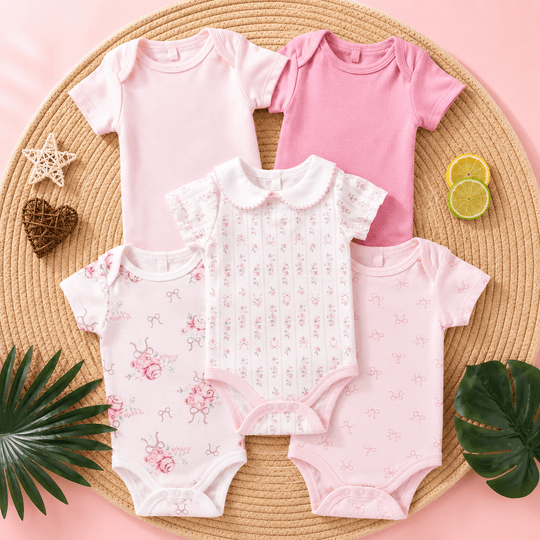 Lot de 5 Bodies Bébé Fille Rose et Fleuris en Coton Doux