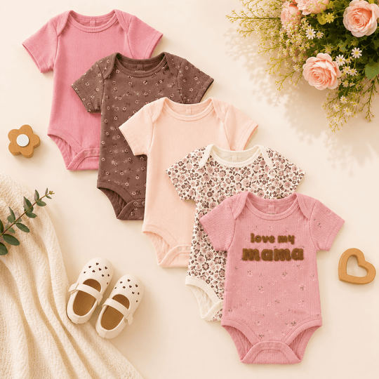 Lot de 5 Bodies Bébé Fille Tons Naturels Marron et Beige