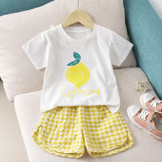 Ensemble bébé fille 2 pièces été avec t-shirt blanc motif citron et short jaune à carreaux pour enfant 1 à 3 ans