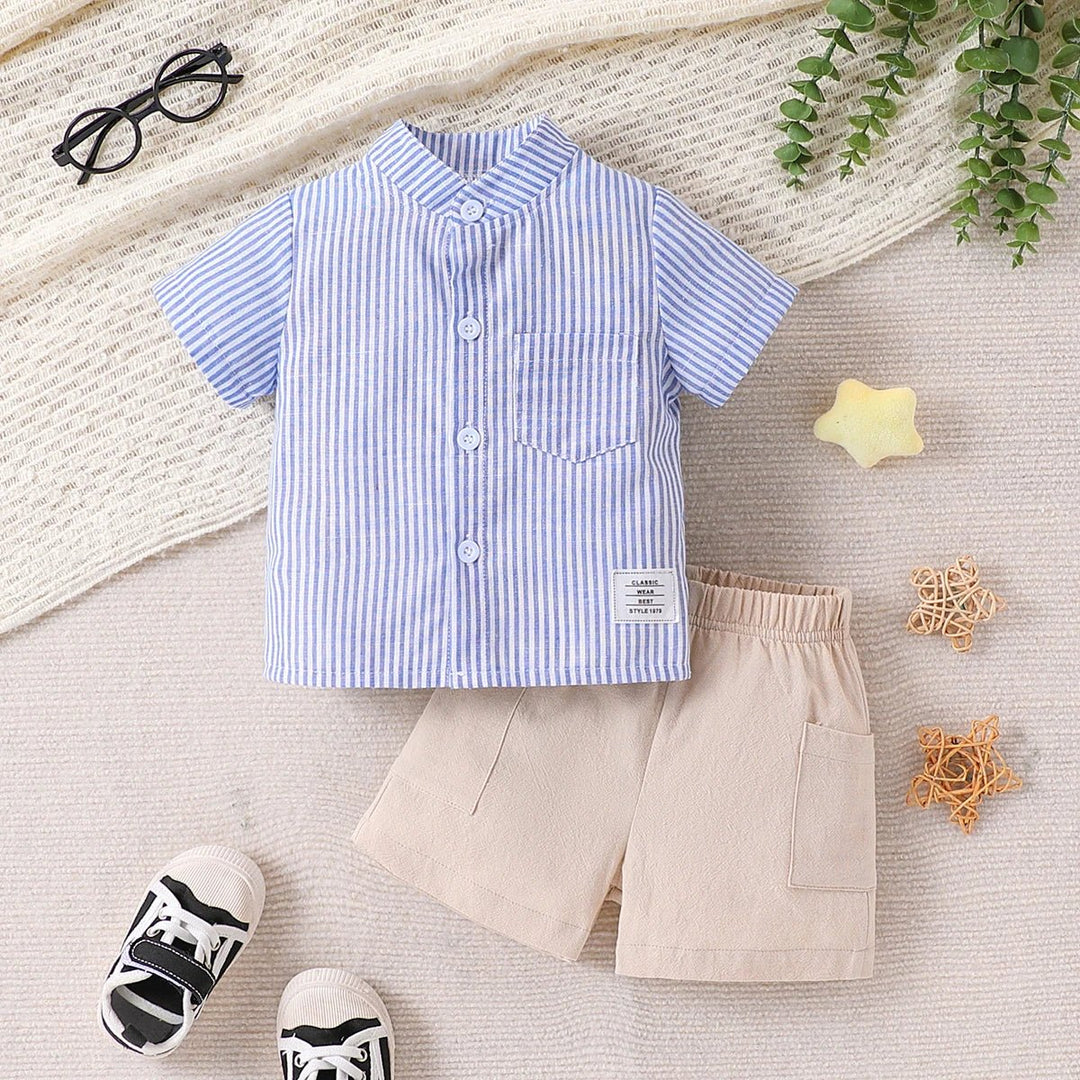 enseble pour garcons raye et short beige