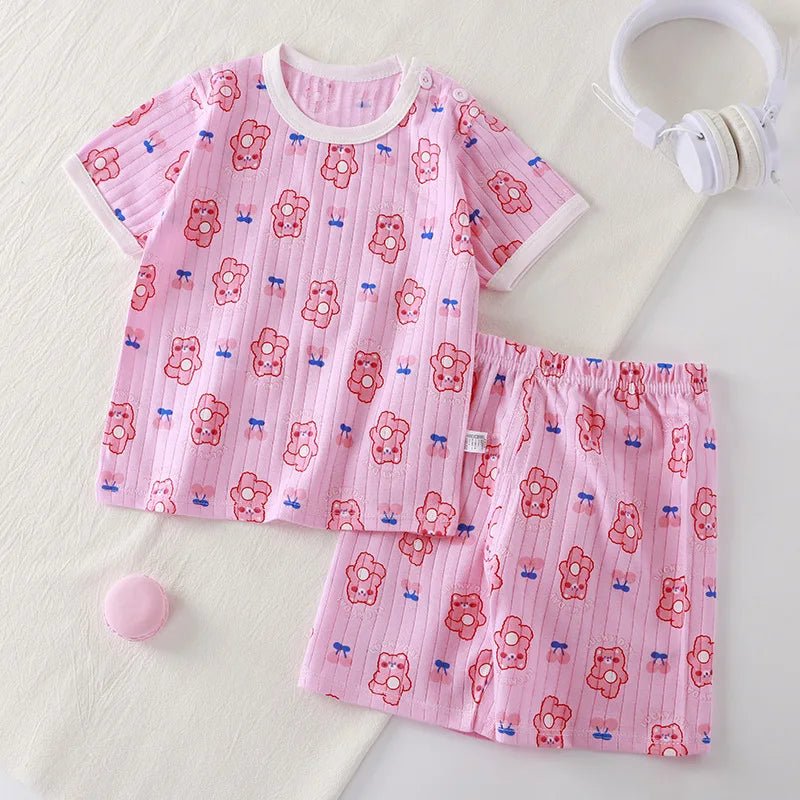 Ensemble été enfant avec t-shirt et short en coton à motifs oursons roses, vêtement léger et respirant pour enfant