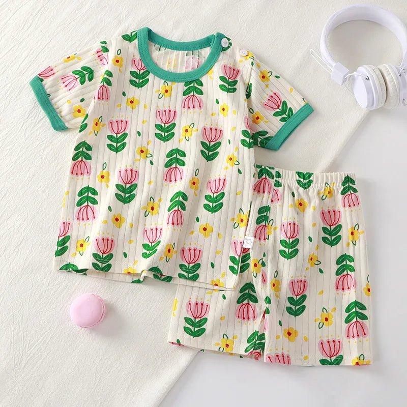 Ensemble été enfant avec t-shirt et short en coton à motifs fleurs vertes et jaunes, vêtement léger et respirant pour enfants