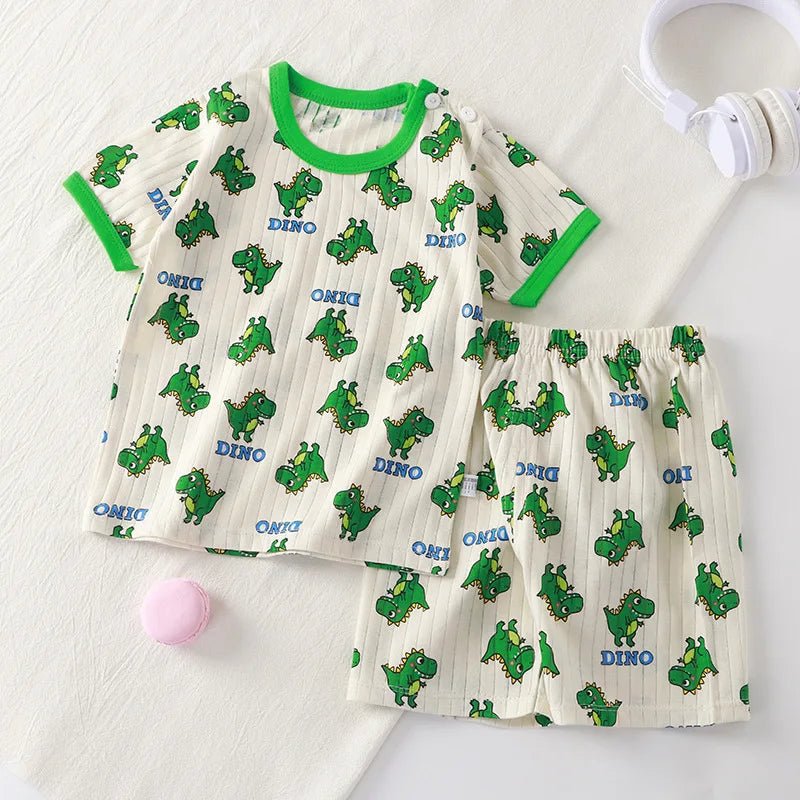 Ensemble été enfant avec t-shirt et short en coton à motifs dinosaures verts, vêtement léger et respirant pour enfants