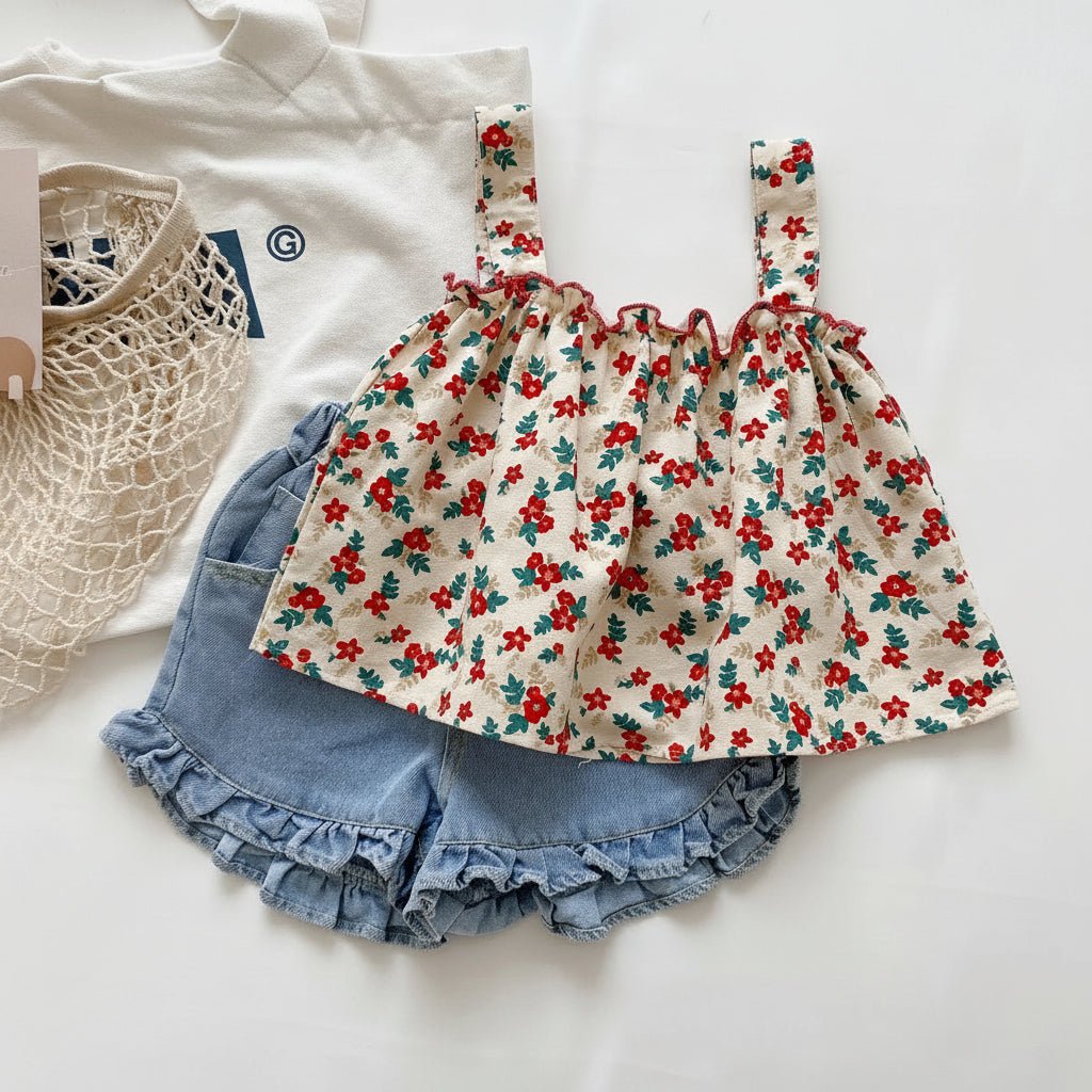 ensemble  top fleuri et short bleu