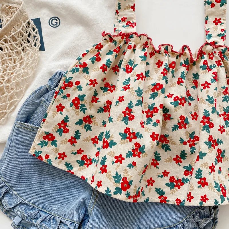 zoom ensemble  top fleuri et short bleu