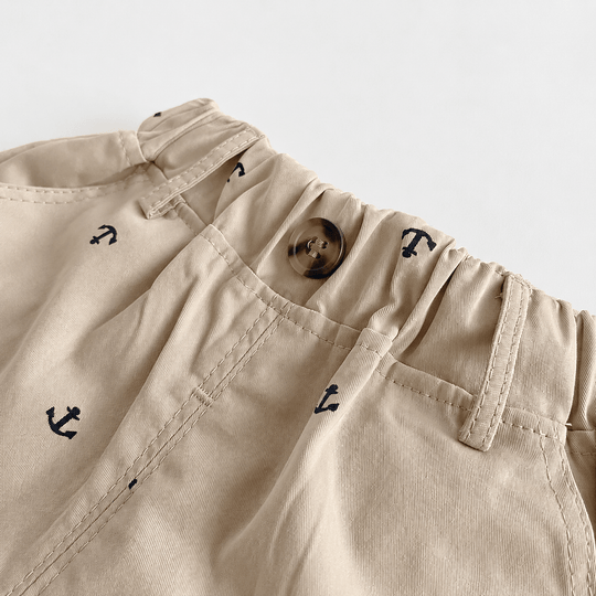 Short bébé garçon beige motif marin avec ancres brodées, taille élastique confortable, vêtement d&
