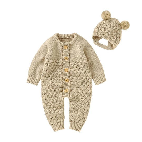 Ensemble tricot beige pour bebe avec combinaison a boutons et bonnet a pompons, tenue douce et elegante KaliNatur