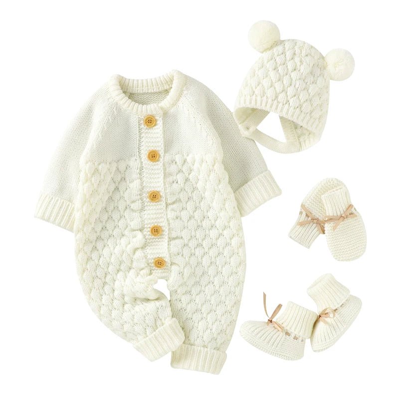 Ensemble tricot blanc pour bebe compose d’une combinaison a boutons, d’un bonnet a pompons et de chaussons assortis, tenue douce et elegante KaliNatur.
