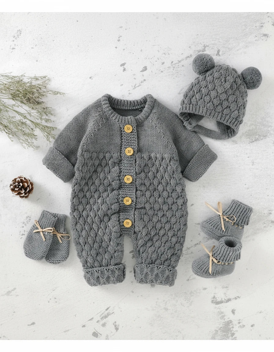Ensemble tricot gris pour bebe avec combinaison a boutons, bonnet a pompons et chaussons assortis, photographie ambiance hiver douce et naturelle KaliNatur.
