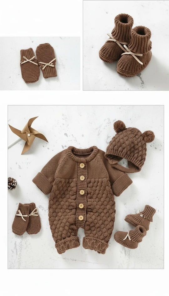 Ensemble tricot marron pour bebe compose d’une combinaison a boutons, d’un bonnet a pompons, de chaussons et de gants assortis, photo ambiance naturelle KaliNatur.
