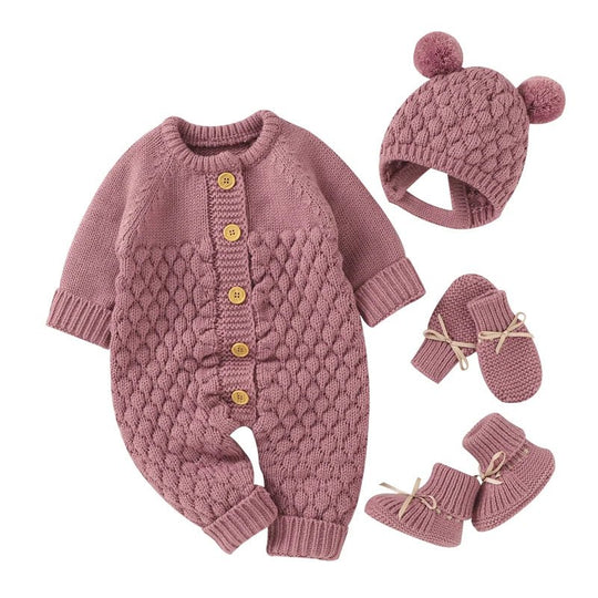 Ensemble tricot rose pour bebe avec combinaison a boutons, bonnet a pompons et chaussons assortis, tenue douce et confortable KaliNatur.