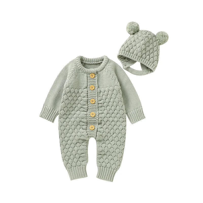 Ensemble tricot vert sauge clair pour bebe avec combinaison a boutons et bonnet a pompons, tenue douce et naturelle KaliNatur.