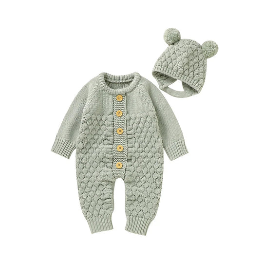 Ensemble tricot vert sauge clair pour bebe avec combinaison a boutons et bonnet a pompons, tenue douce et naturelle KaliNatur.