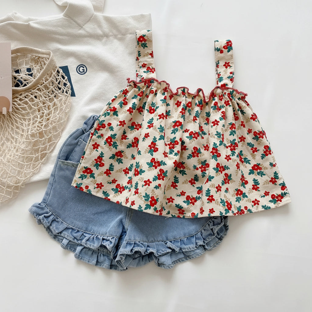 ensemble  top fleuri et short bleu