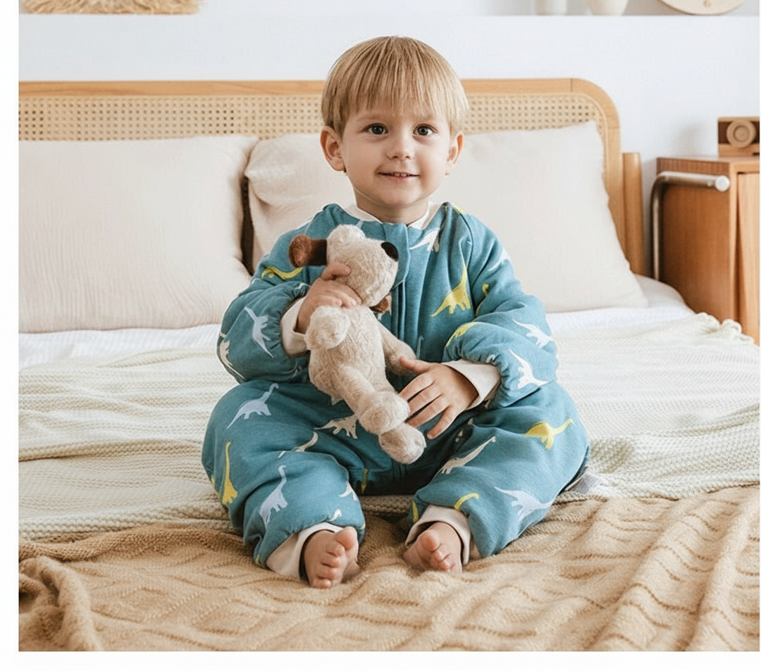 Petit garçon assis sur un lit tenant une peluche, vêtu de la gigoteuse à jambes Kalinatur motif dinosaures bleus et jaunes, en coton bio chaud et respirant pour l’hiver.
