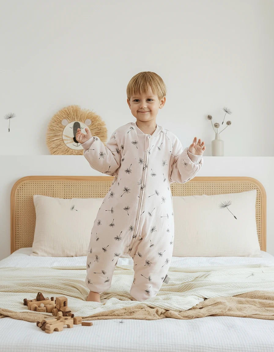 Enfant portant la gigoteuse à jambes Kalinatur rose pâle avec imprimé pissenlits, en coton bio, sur un lit beige dans une chambre douce et naturelle.